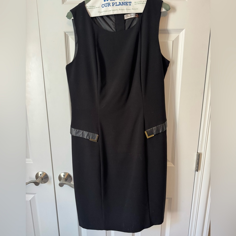 Calvin Klein black sleeveless sheath dress with leather accents